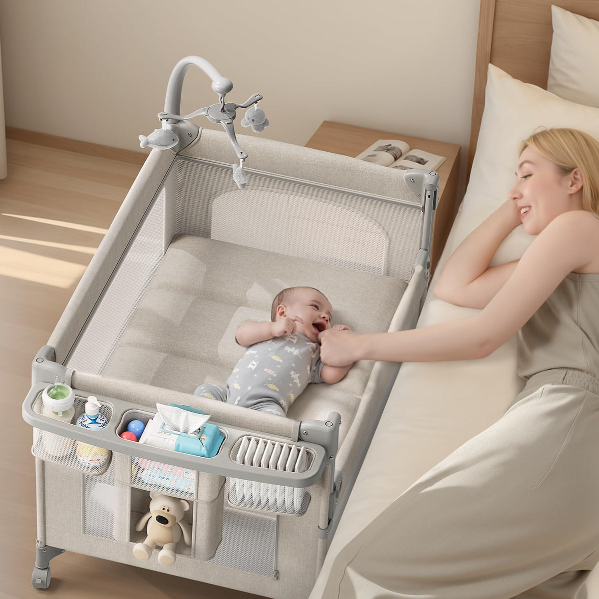 TinyGlow 4-in-1 bassinet setup with quick, tool-free assembly for growing babies.