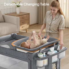 TinyGlow diaper changing station with wrap-around safety and convenient side storage.