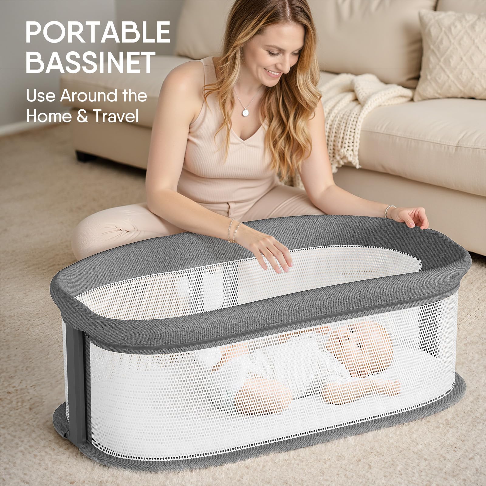 TinyGlow electric bassinet breathable mesh for airflow and baby visibility