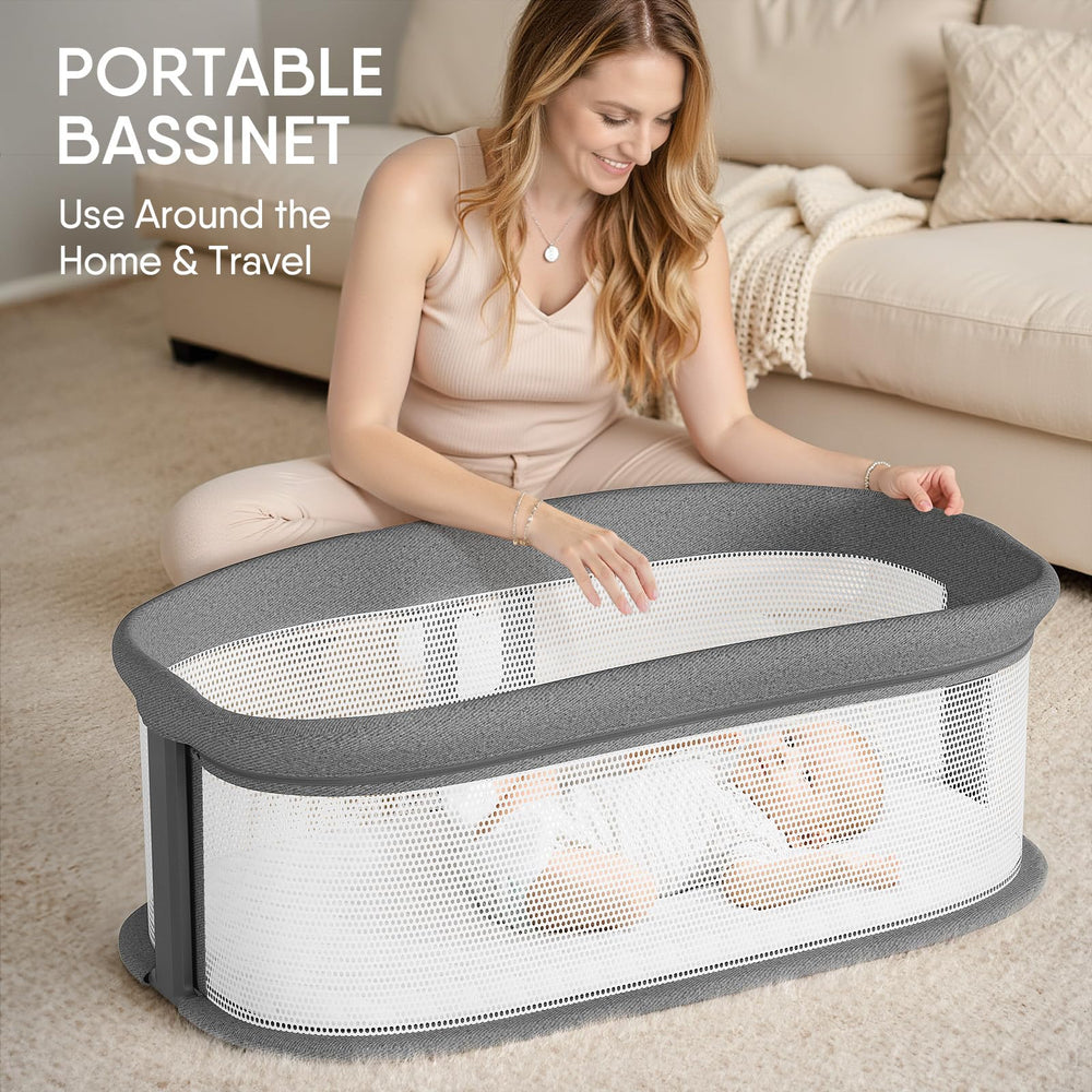 TinyGlow electric bassinet breathable mesh for airflow and baby visibility