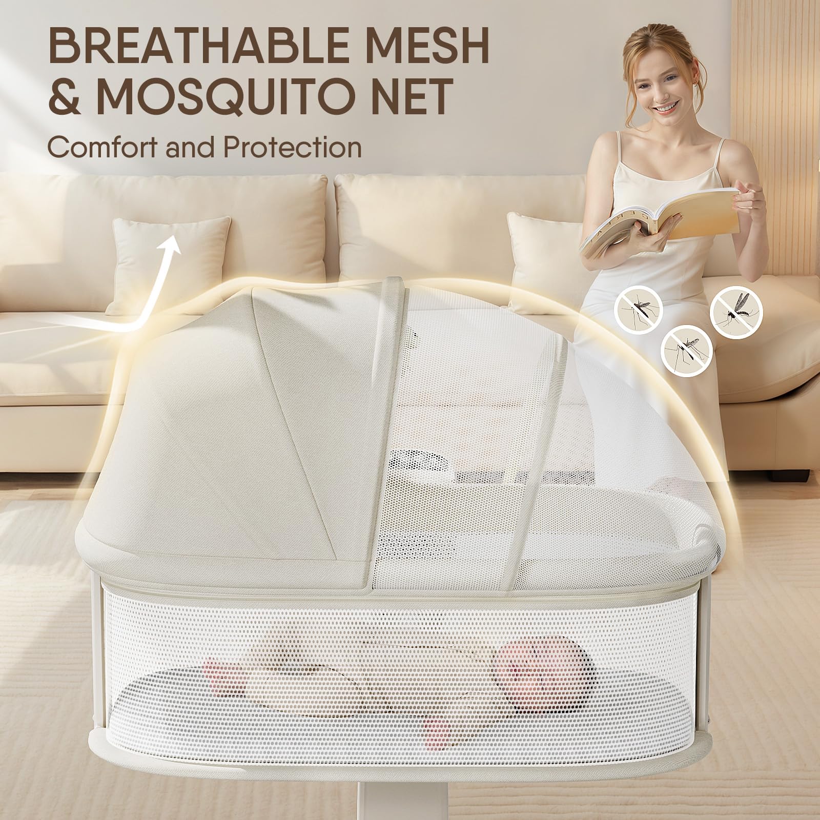 TinyGlow bassinet breathable mesh sides promote airflow and clear visibility