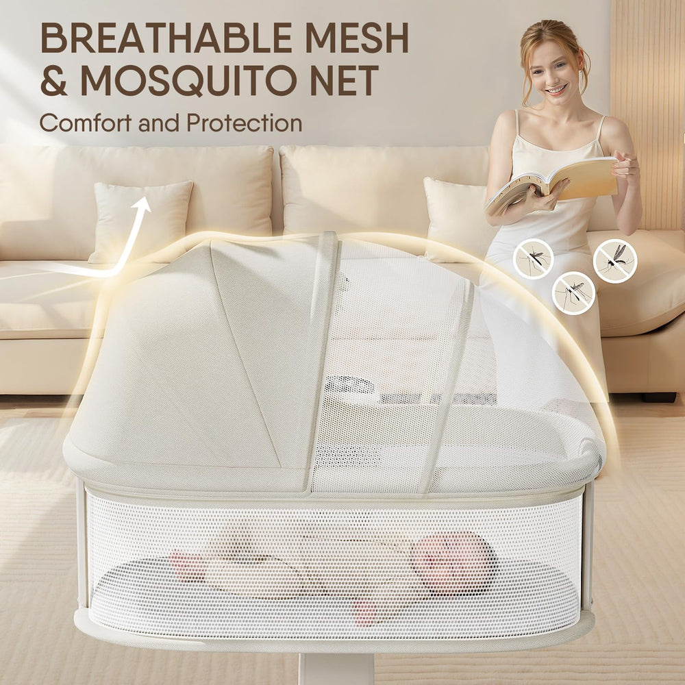 TinyGlow bassinet breathable mesh sides promote airflow and clear visibility