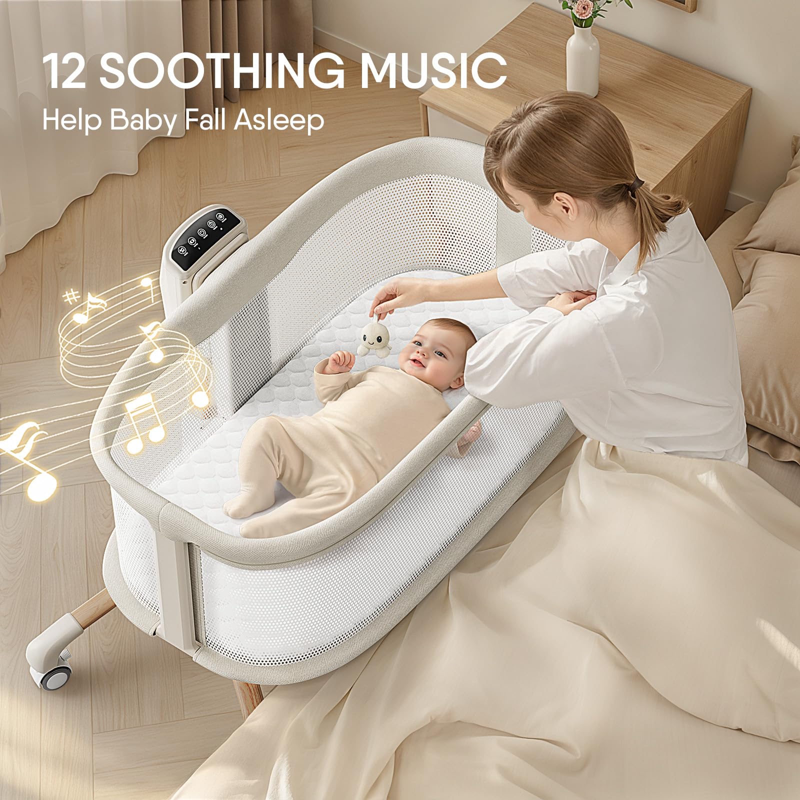 TinyGlow bassinet detachable base creates a portable nest for room to room moves
