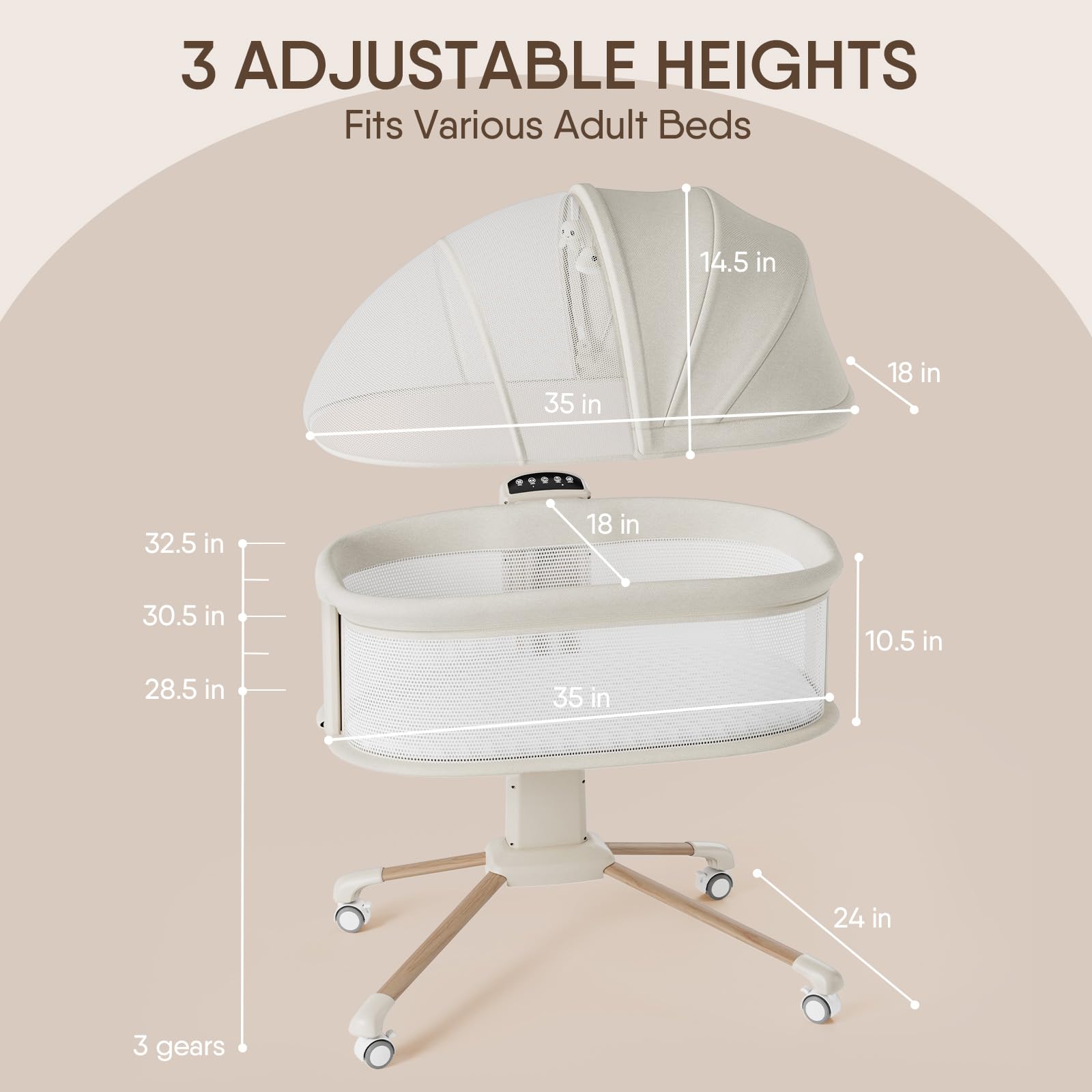 TinyGlow bassinet three height levels and lockable casters for stable placement