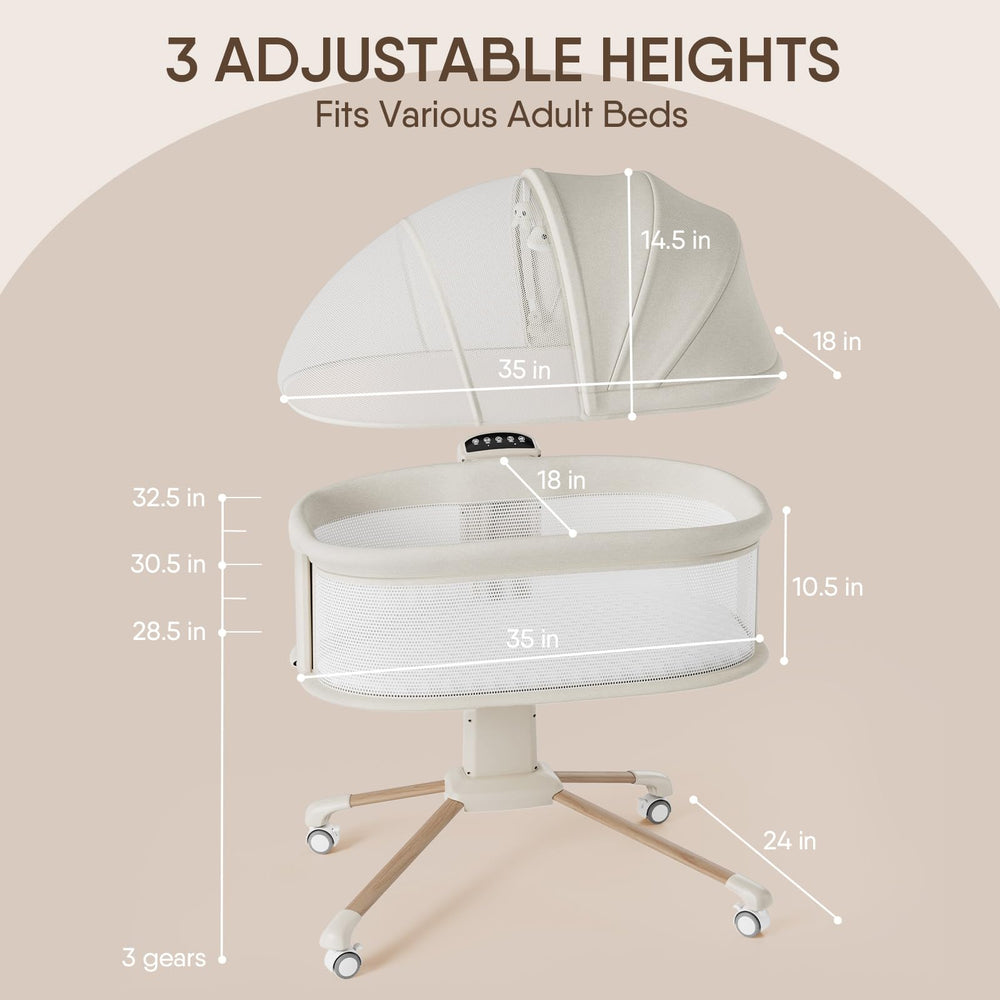 TinyGlow bassinet three height levels and lockable casters for stable placement