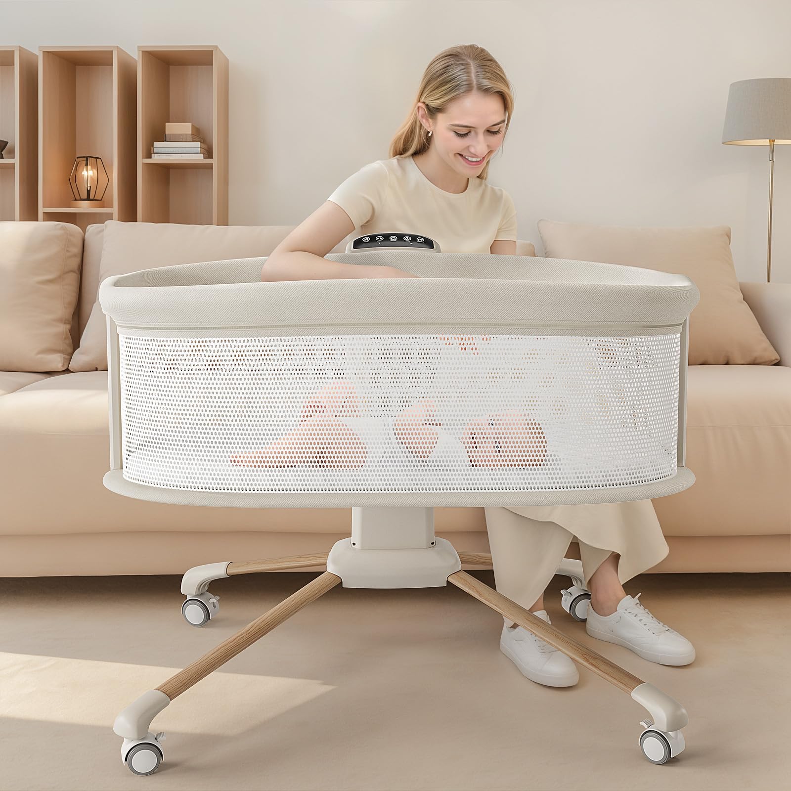 TinyGlow electric smart bassinet rocking feature shows gentle motion for baby sleep