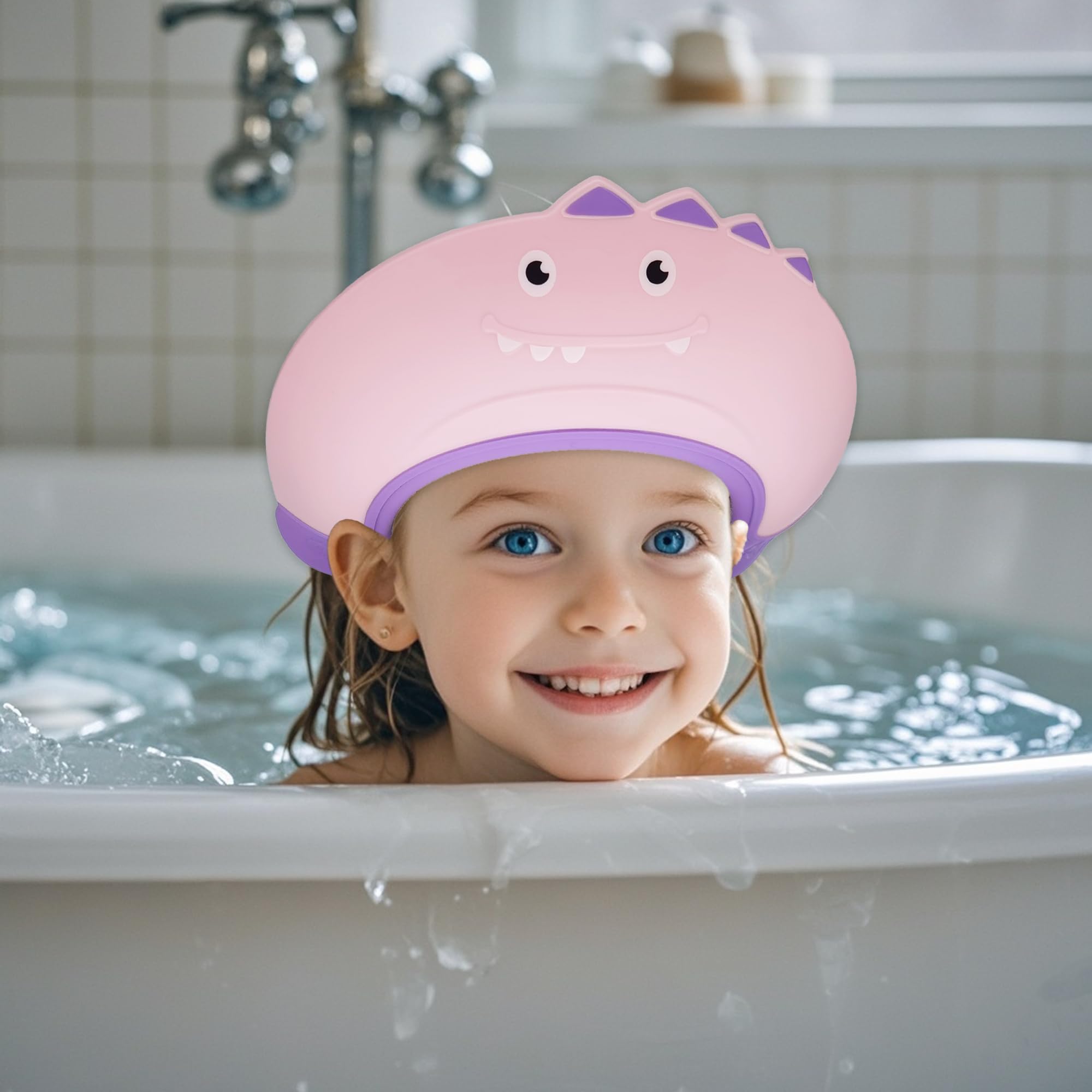TinyGuardian dinosaur-blue back-view shield protects ears during bath.
