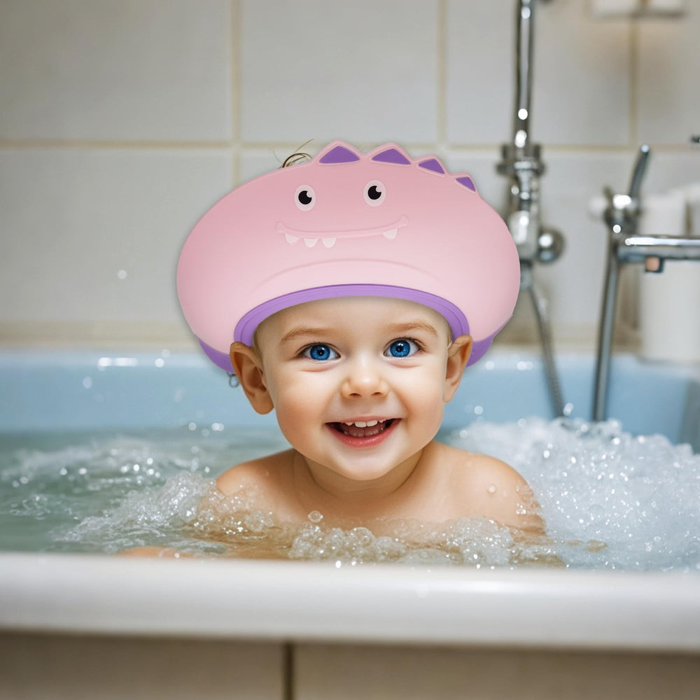 TinyGuardian dinosaur-yellow side-view shield helps keep hair dry.