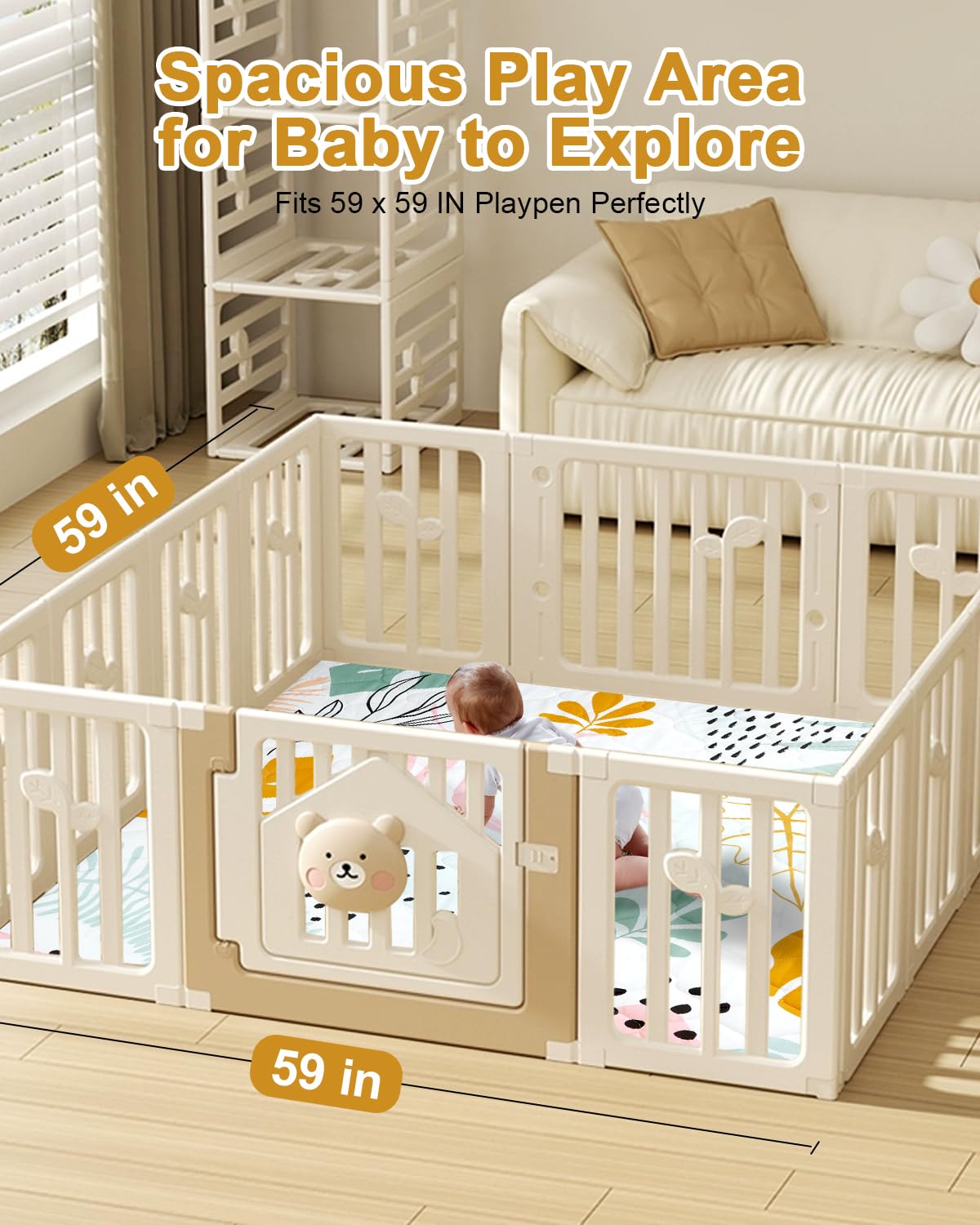 TinyHarbo spacious 59 by 59 inches play area invites crawling and play