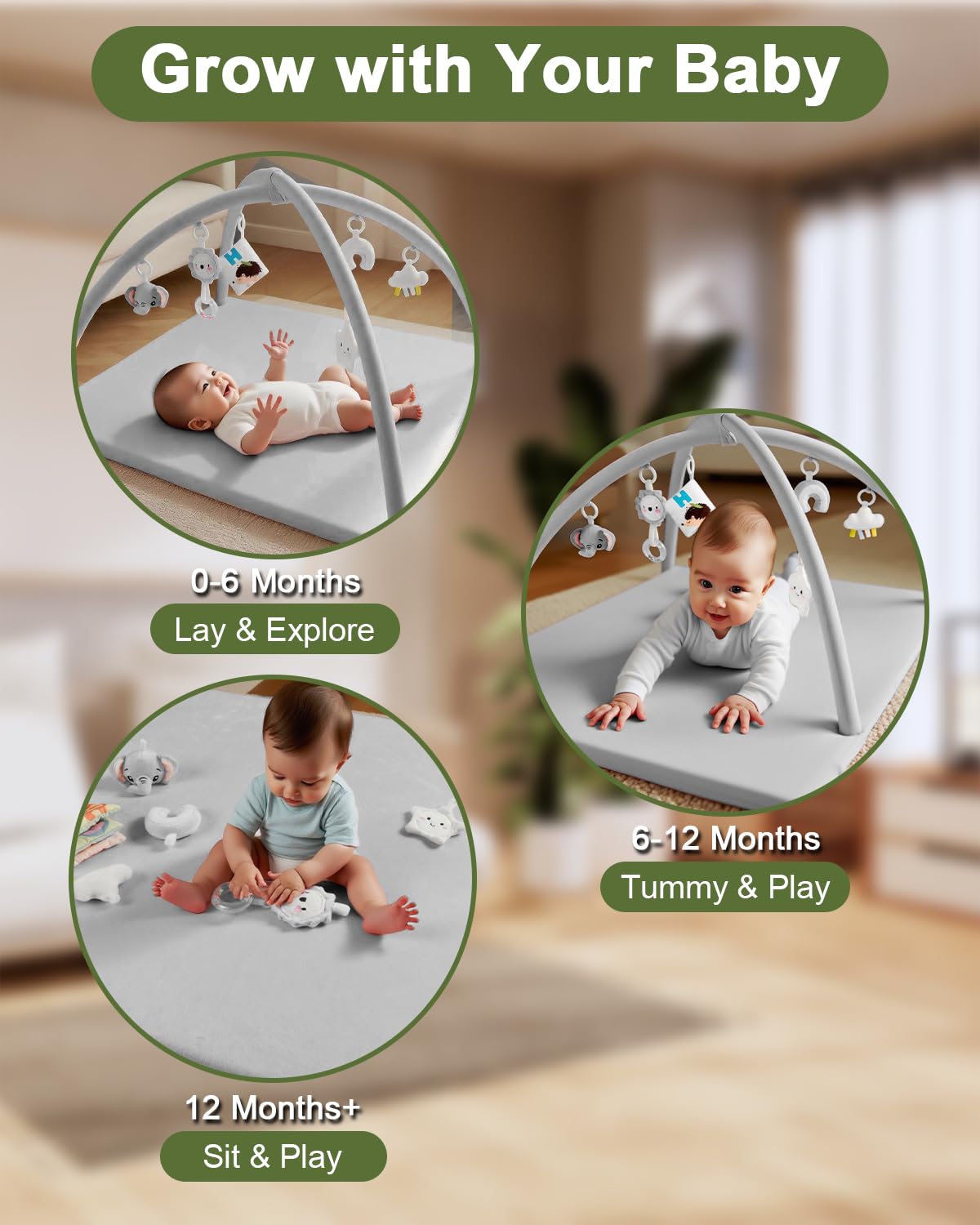 TINYHARBO arches detach to transform into a standalone play rug for growing babies.