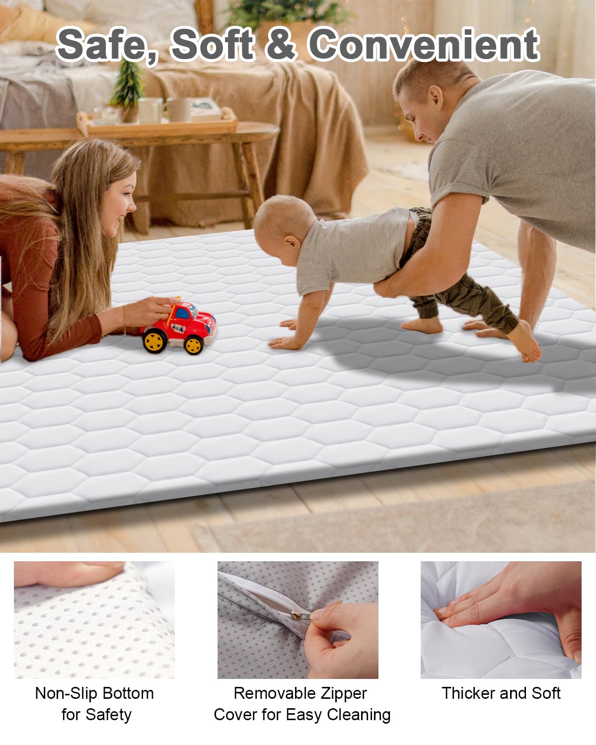Generous 50x50 inches provide ample space for crawling and tummy time