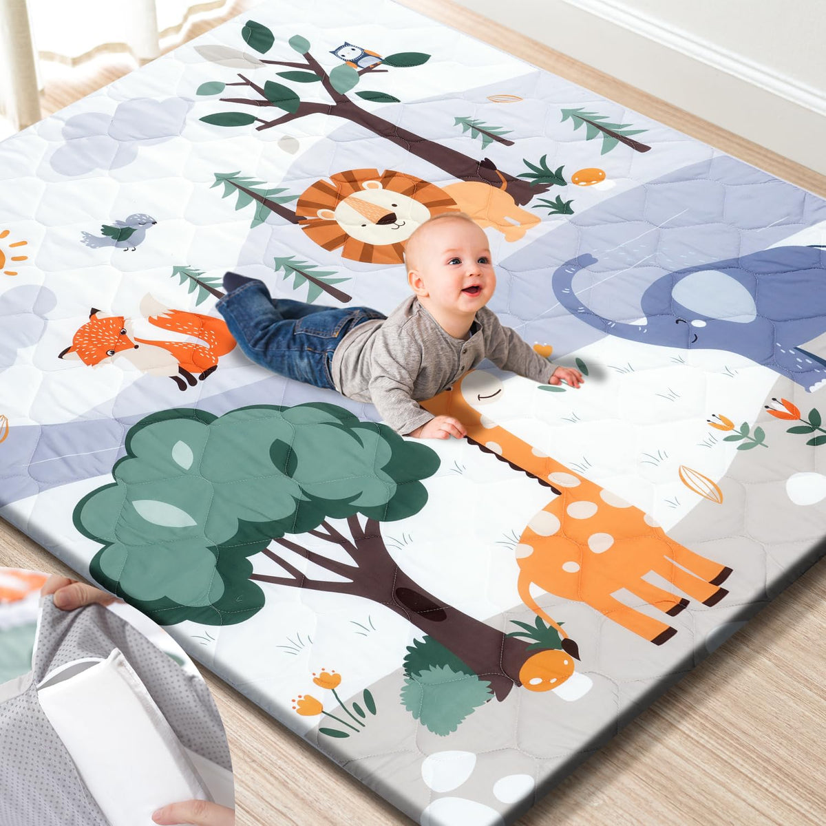TinyHarbo Premium Foam Baby Play Mat with removable cover for easy cleaning.
