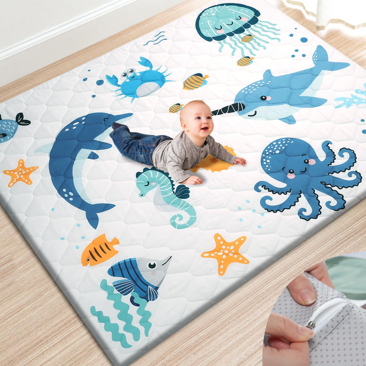 TinyHarbo Premium foam baby play mat with removable cover for easy cleaning.