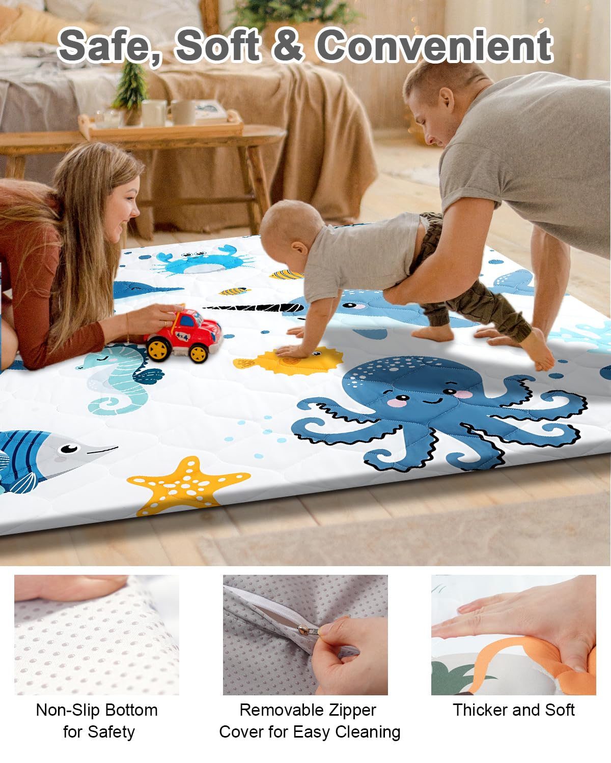 TinyHarbo Premium foam baby play mat non-slip bottom ensures mat stays in place.