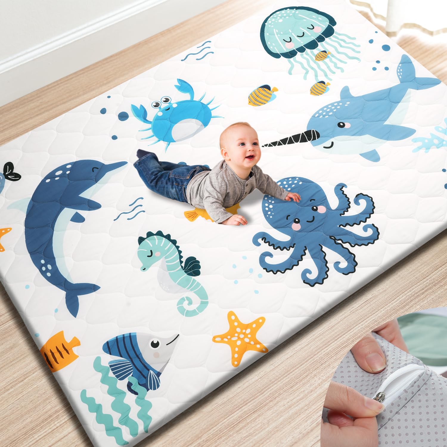 TINYHARBO Premium Foam Baby Play Mat cover removal for quick cleanup.