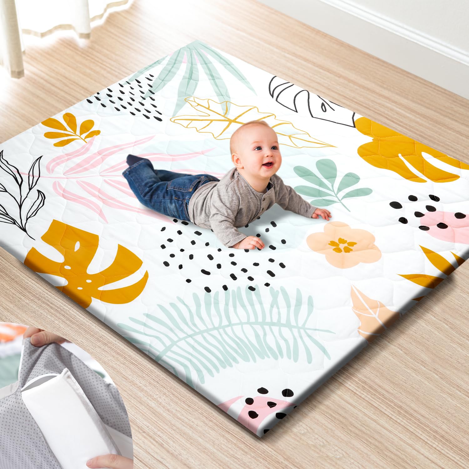 TinyHarbo Premium Foam Baby Play Mat with thick padding for extra cushion on hard floors.