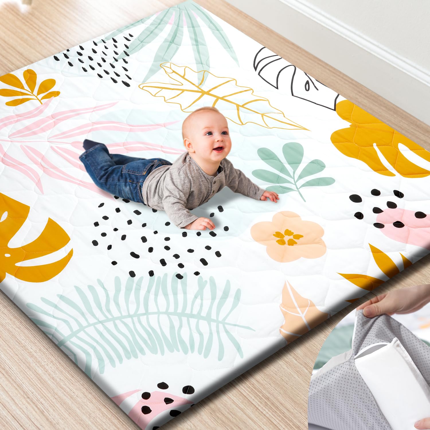 TinyHarbo premium foam play mat with removable cover for easy washing and safe play.