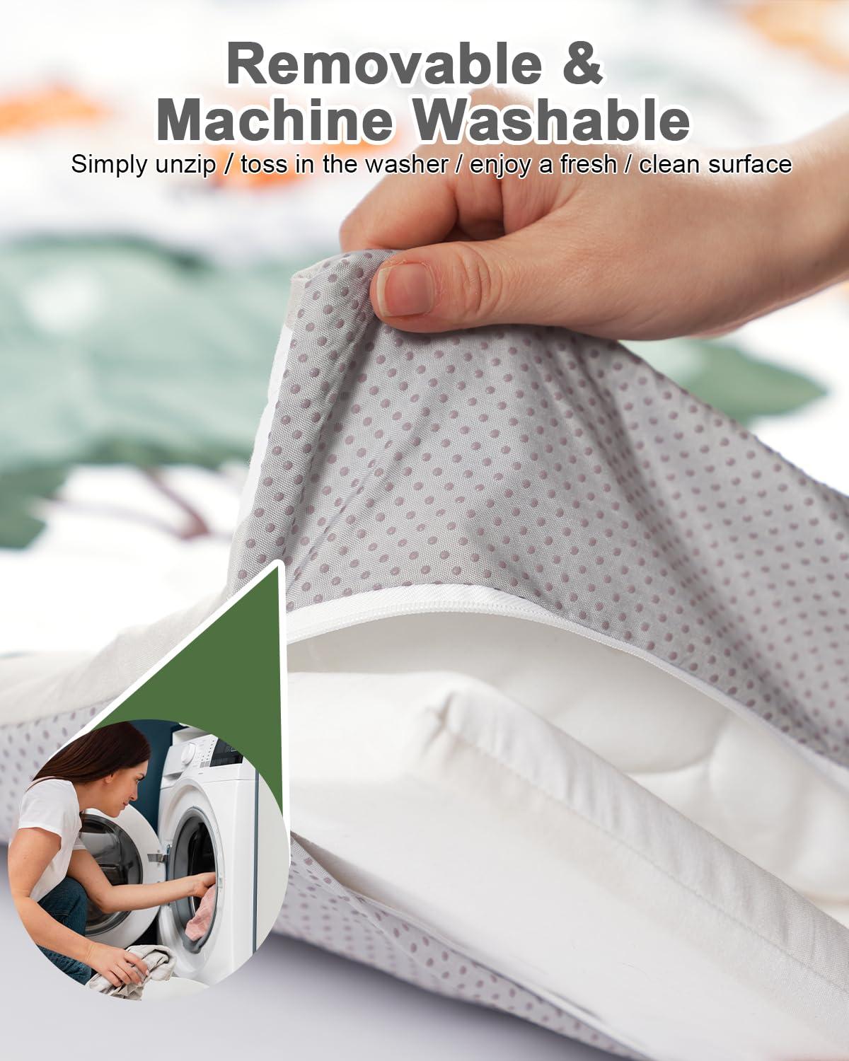 TINYHARBO mat shows removable machine-washable cover for quick cleanup.