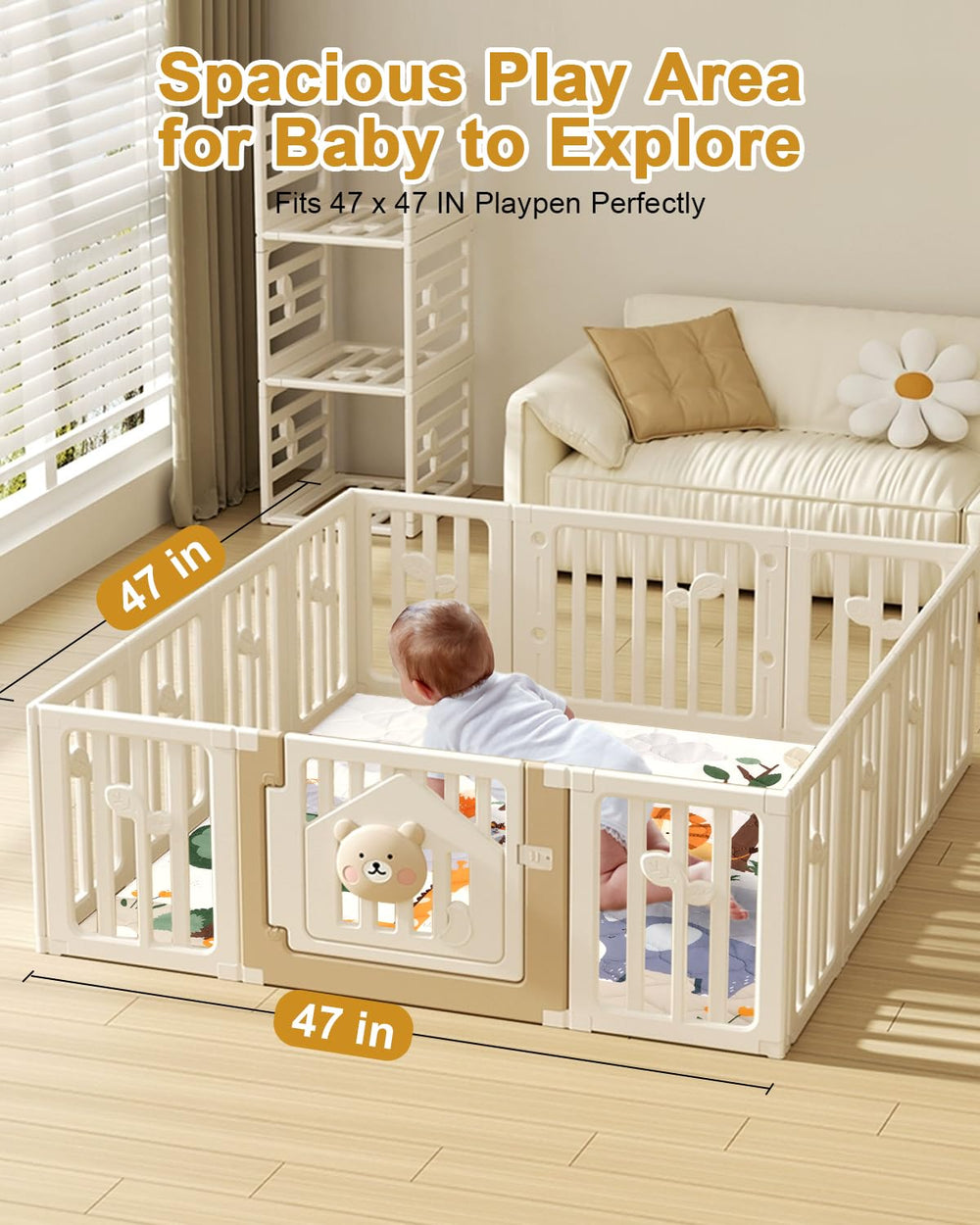 TINYHARBO spacious 47x47 play area supports crawling and tummy time