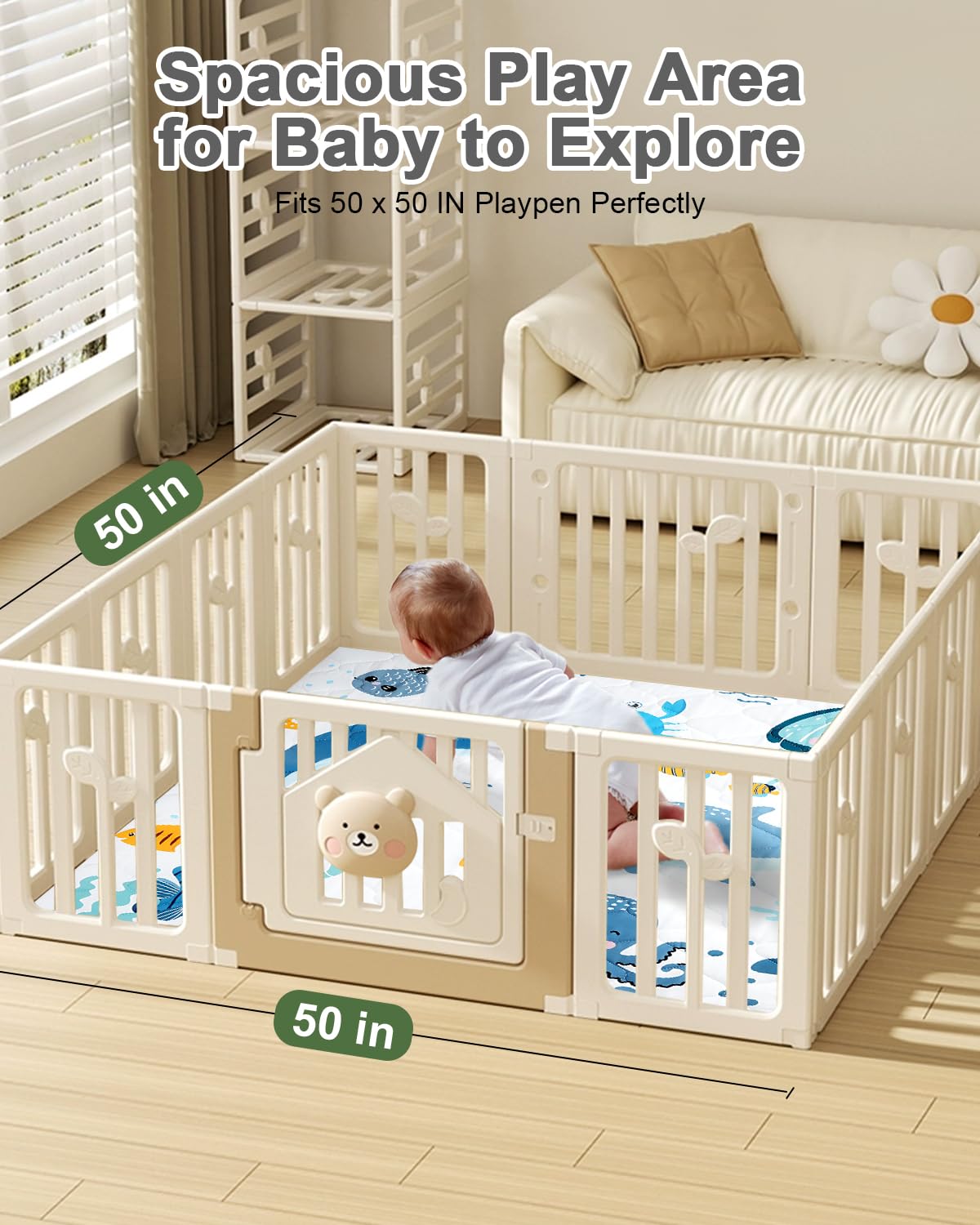 TinyHarbo spacious 50x50 play area supports crawling and tummy time