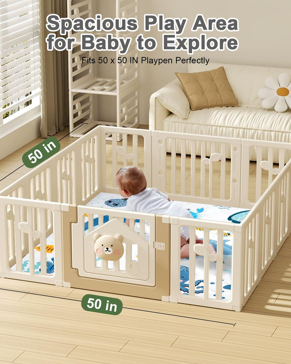 TinyHarbo spacious 50x50 play area supports crawling and tummy time