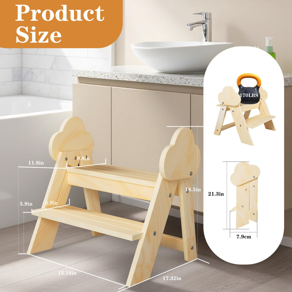 TinyHaven wooden two-step folding stool, sturdy and easy to use for toddlers.