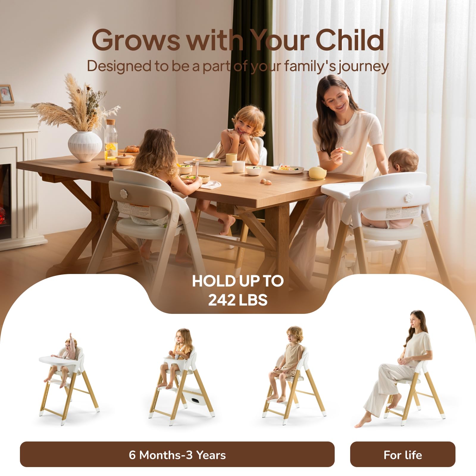 Tinyiota high chair adjustable heights highlight versatile seating for a growing child.