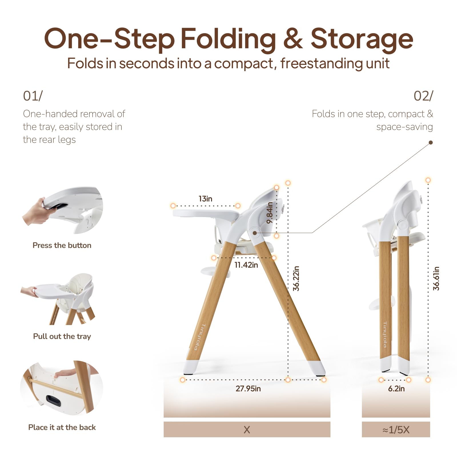 Tinyiota high chair assembly steps illustrate a quick, tool-free setup.