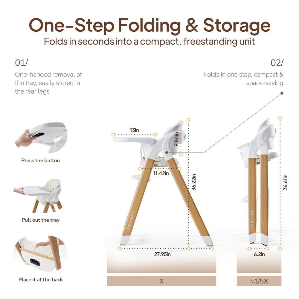 Tinyiota high chair assembly steps illustrate a quick, tool-free setup.