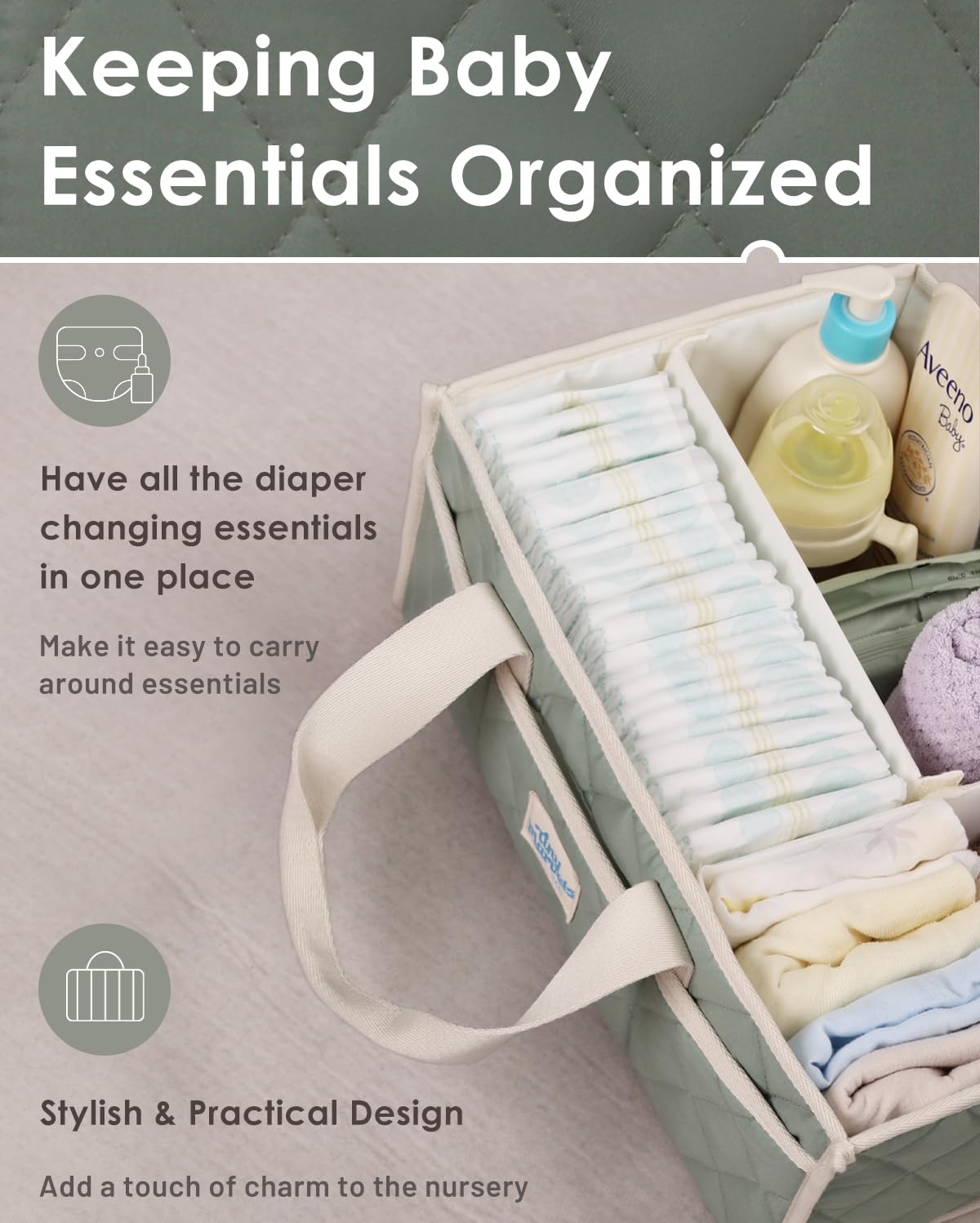 Tiny Marvels diaper caddy pairs with a changing pad for a complete station