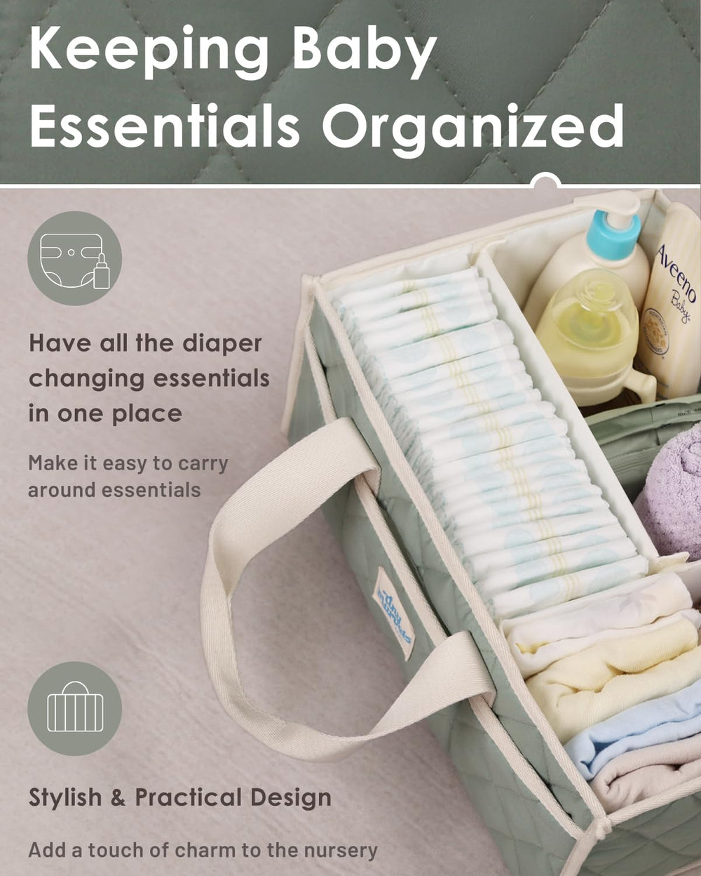 Tiny Marvels diaper caddy pairs with a changing pad for a complete station