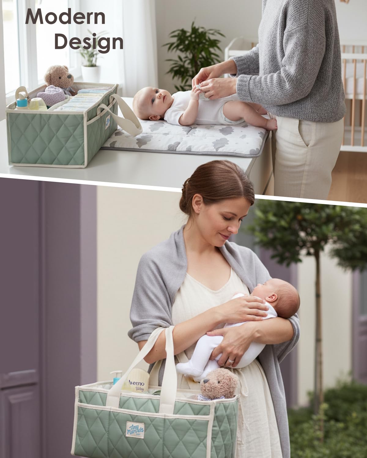 Tiny Marvels diaper caddy with multiple compartments stores diapers, wipes, and clothes neatly