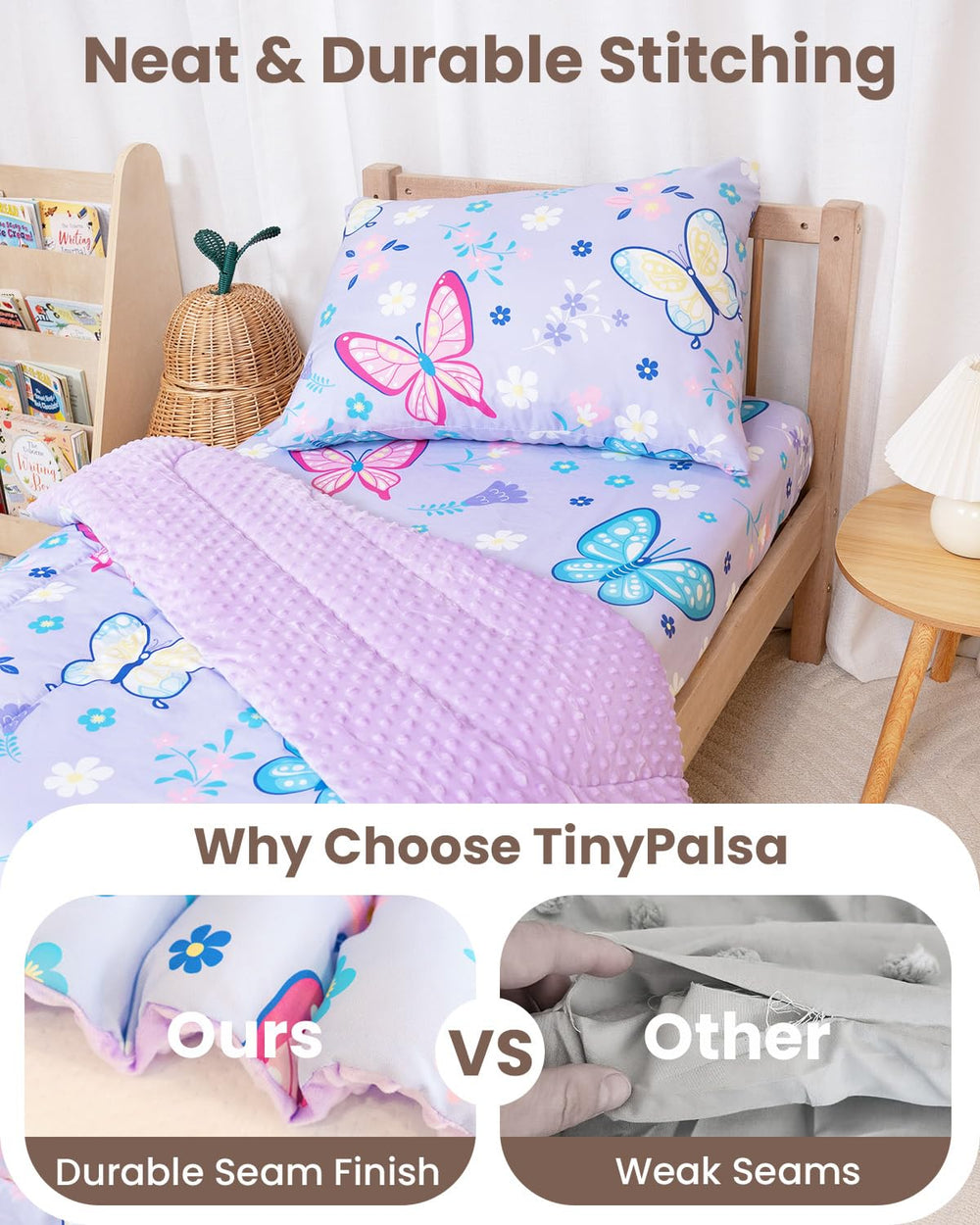 TinyPalsa fitted sheet with elastic pocket keeps bed secure on toddler mattresses