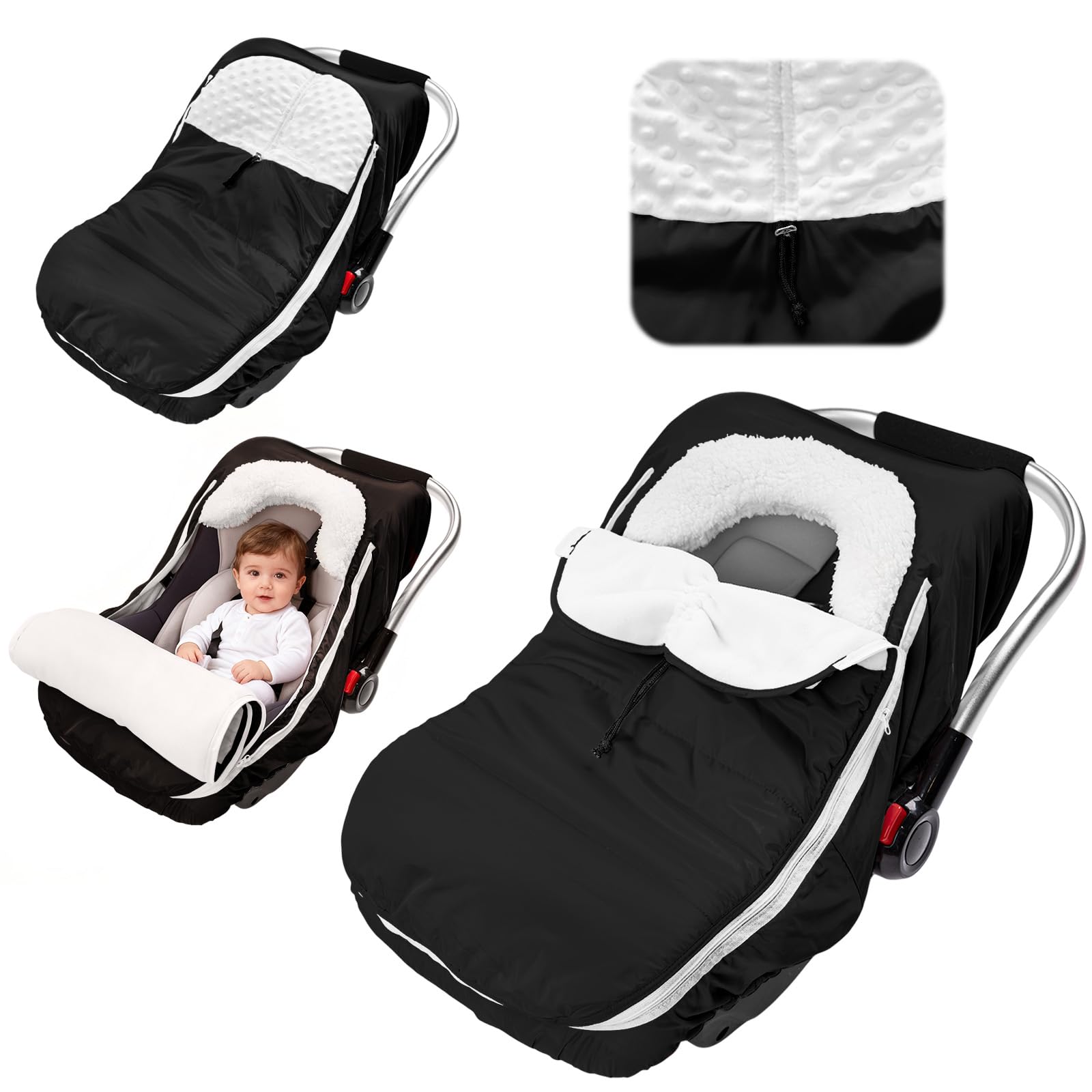 TinyPalsa winter carseat cover with plush lining keeps infants warm on cold car rides.