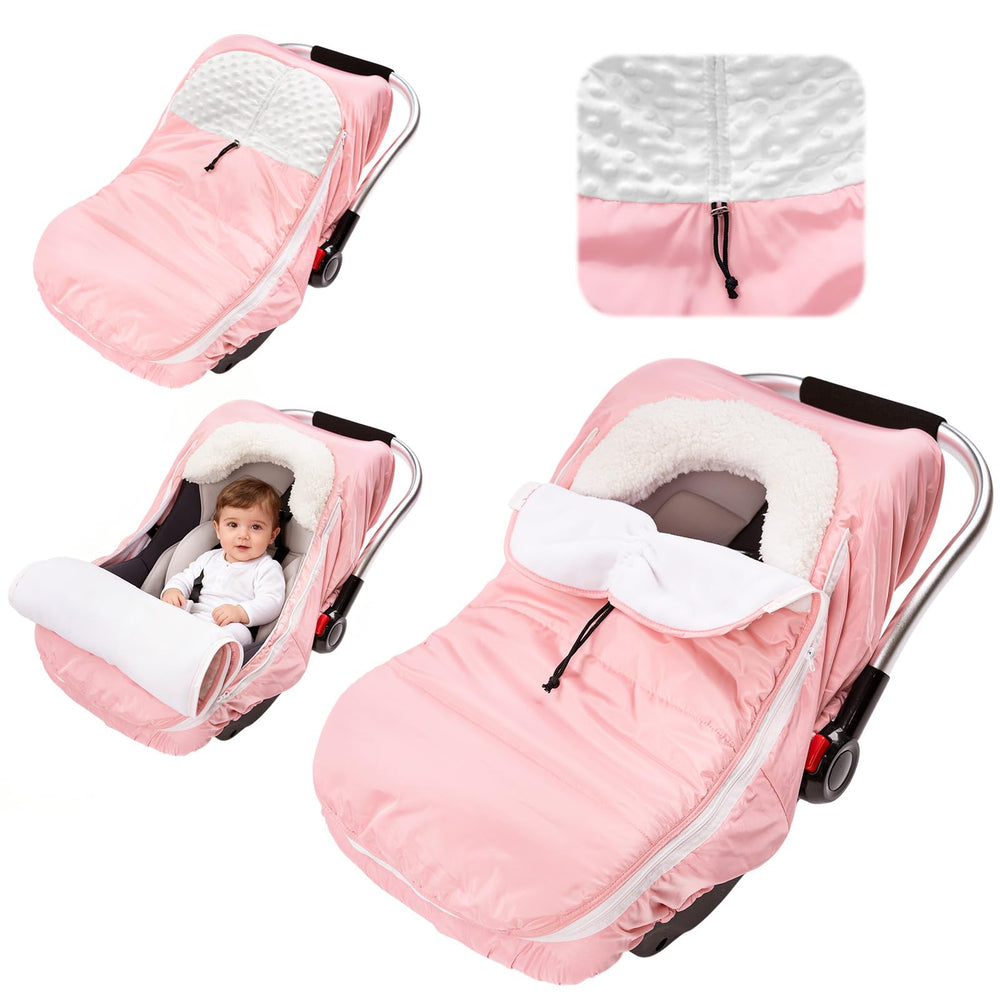 TinyPalsa winter carseat cover with plush lining shields baby from wind and cold.