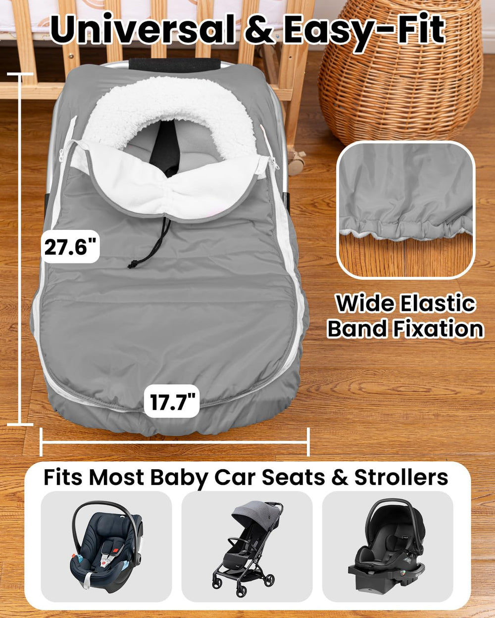 Plush fleece lining of TinyPalsa carseat cover adds cozy warmth.