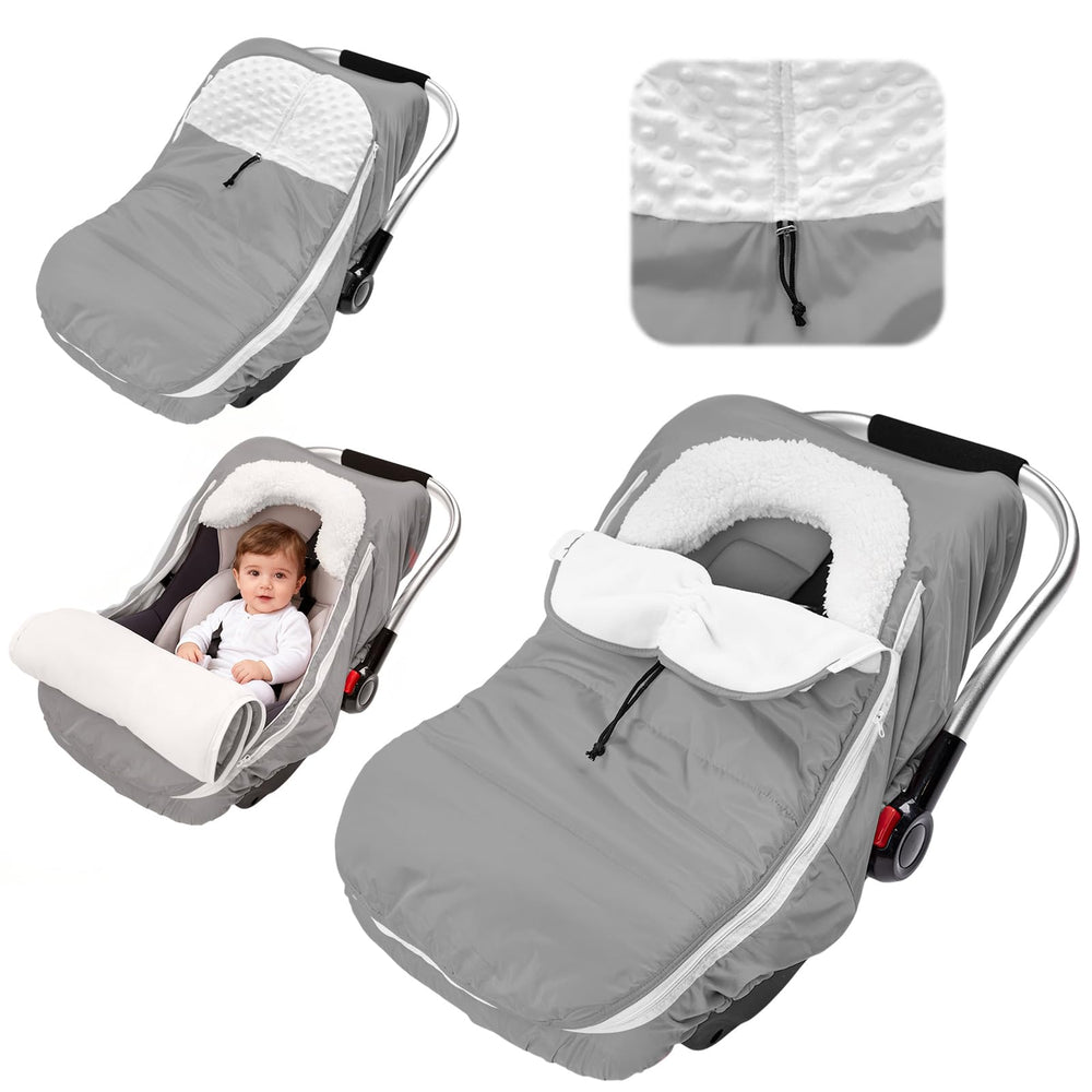 TinyPalsa winter carseat cover front view showing overall protection and fit.