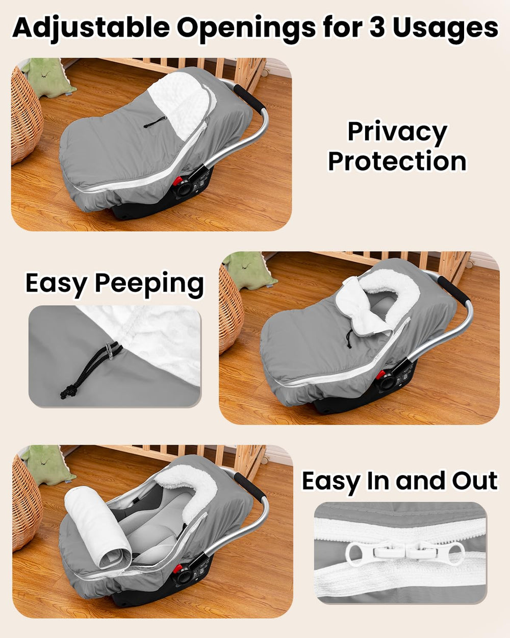 Waterproof shell of TinyPalsa winter carseat cover shields rain and snow.