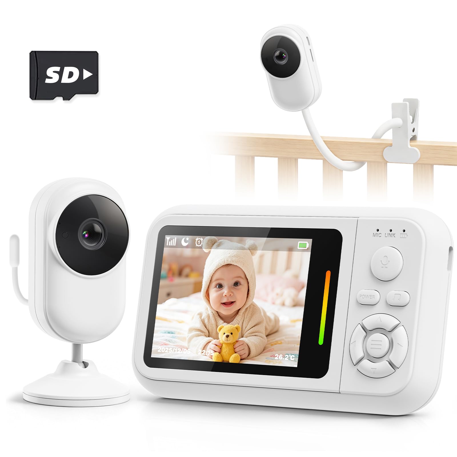 TinyShield baby monitor with clip mount for crib or stroller use, secure viewing.