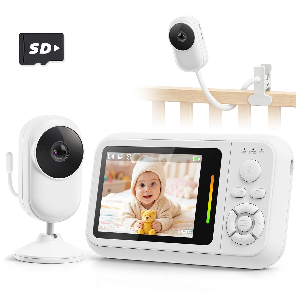 TinyShield baby monitor with clip mount for crib or stroller use, secure viewing.