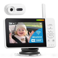 TinyShield wireless baby camera on headrest mount for easy backseat monitoring.