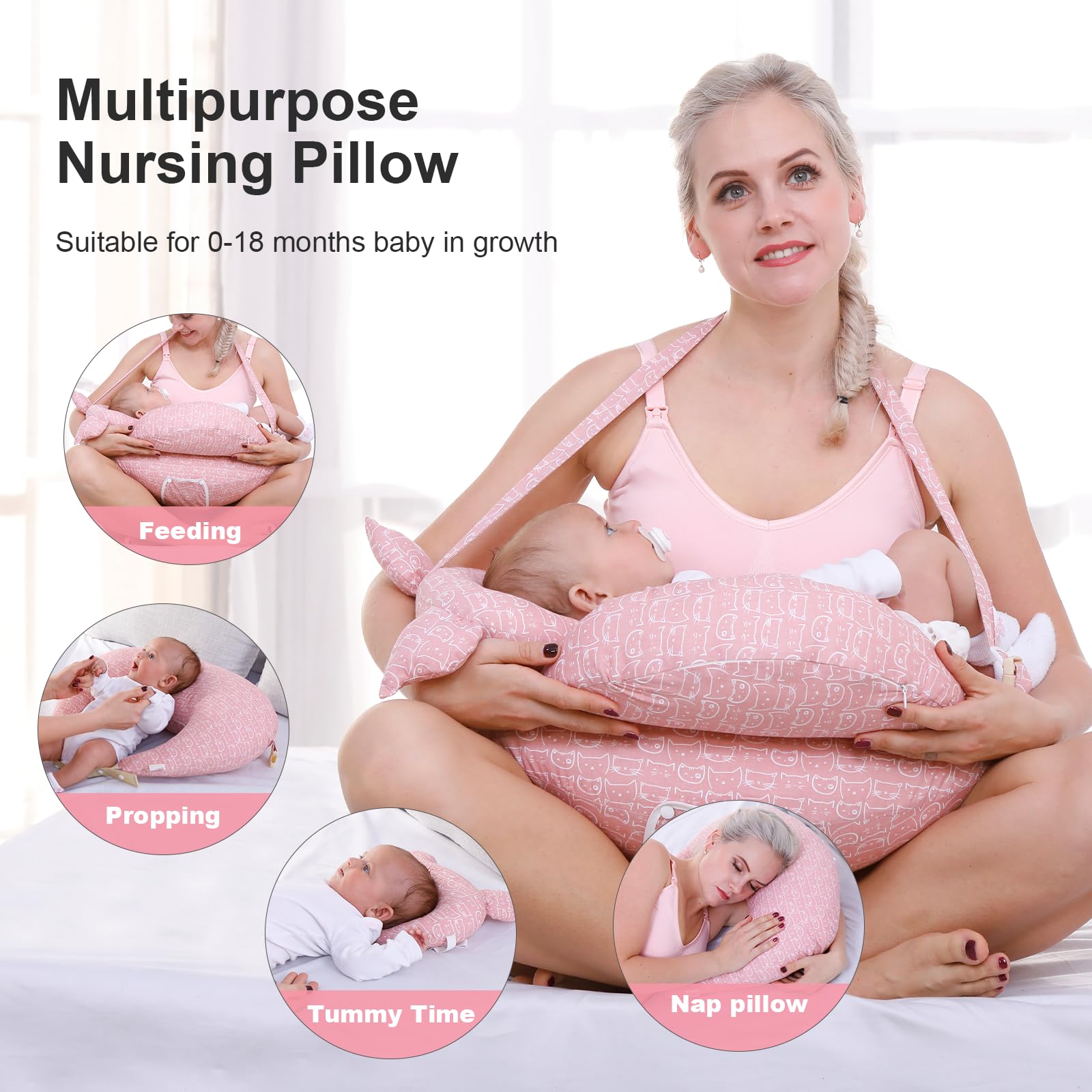 TinyTotsJoy nursing pillow with adjustable waist strap supports feeding indoors and outdoors