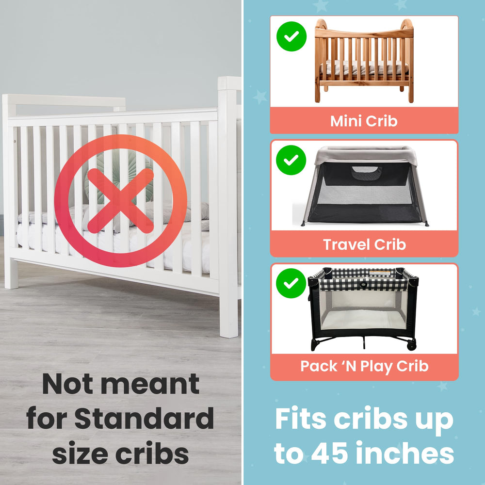 Tiny Trek crib tent blackout cover reduces light for calmer sleep.
