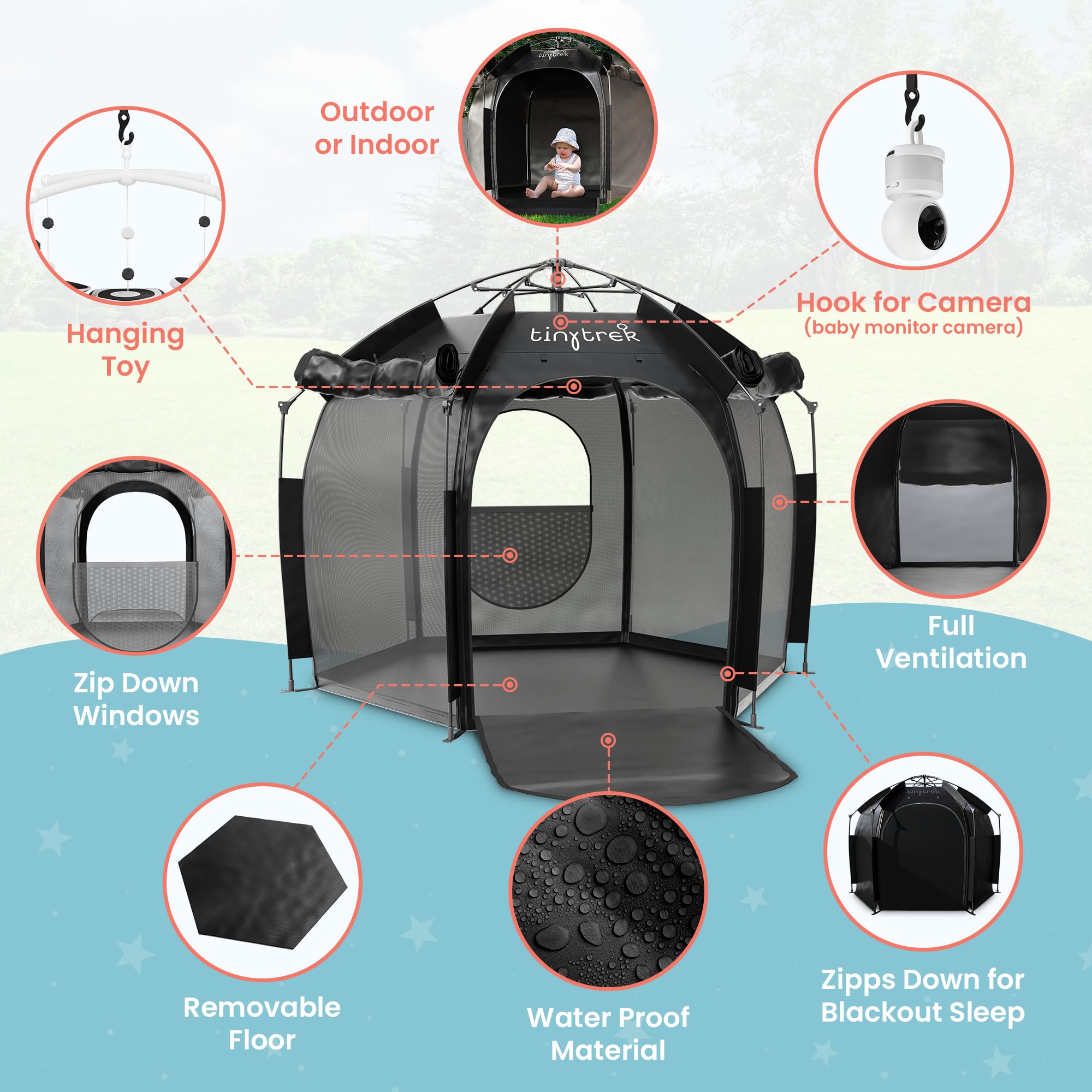 Tiny Trek outdoor-stable setup on grass or sand.