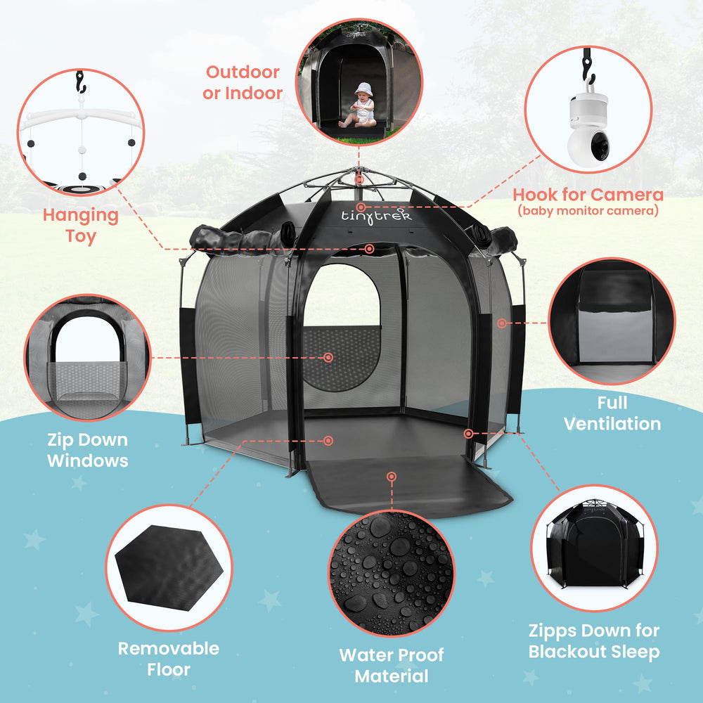 Tiny Trek outdoor-stable setup on grass or sand.