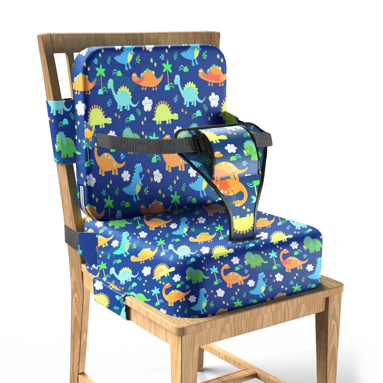 TIOPSUUO toddler booster seat with extended straps securely fitted on a dining chair.