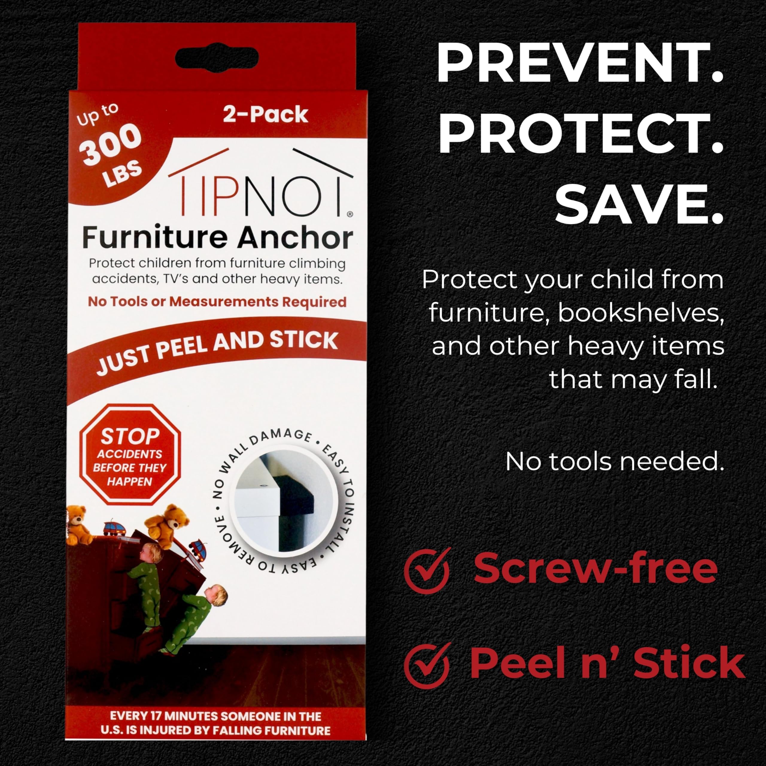 TipNot wall anchors install without tools for quick safety.