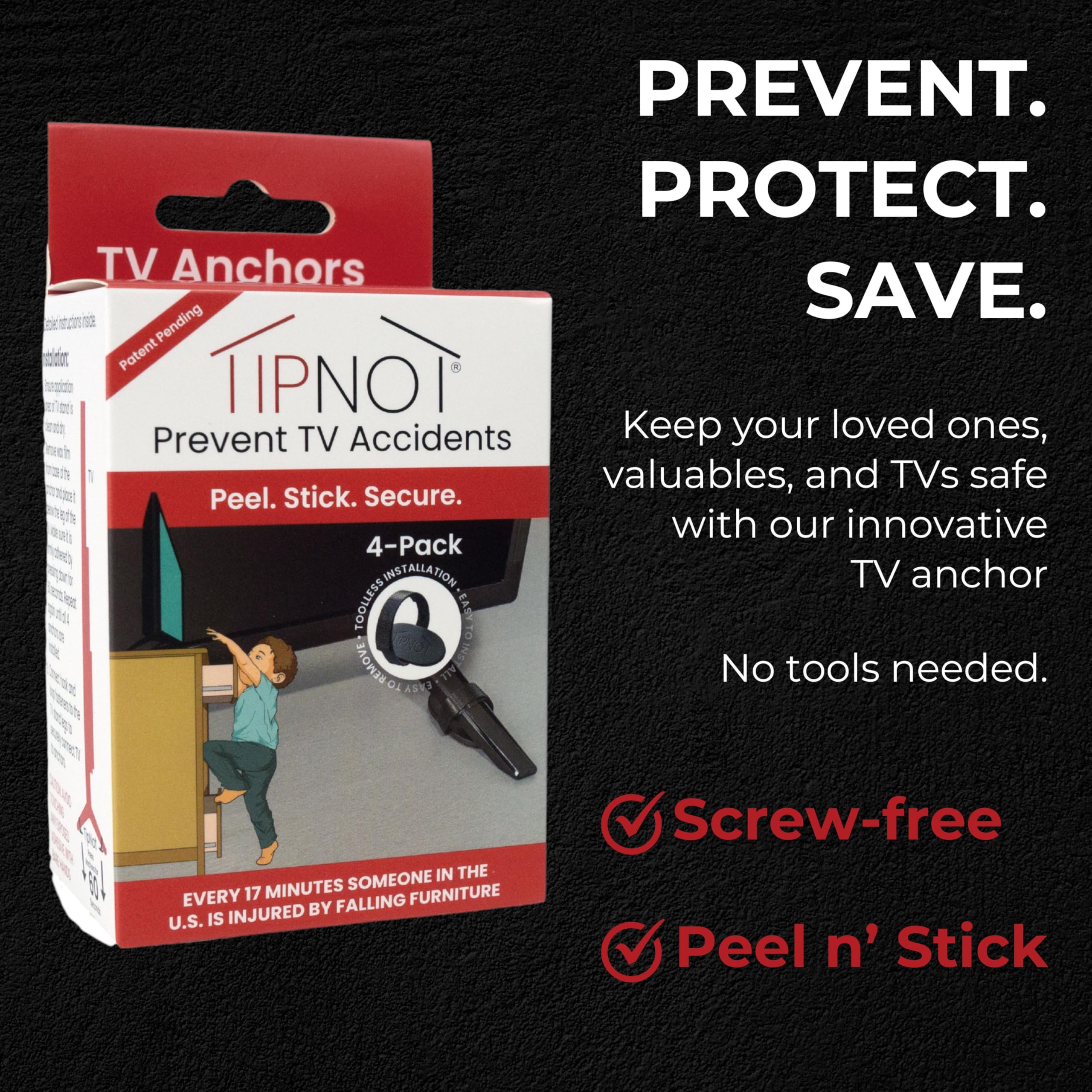 TipNot TV Anchor adheres to the stand, preventing tipping without tools.