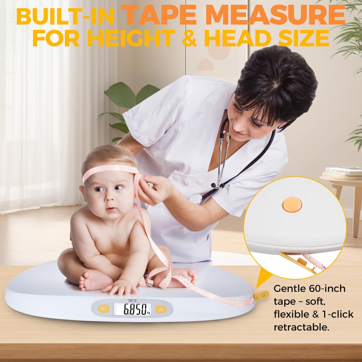 Tipre scale features built-in tape measure for height and length measurements at home.