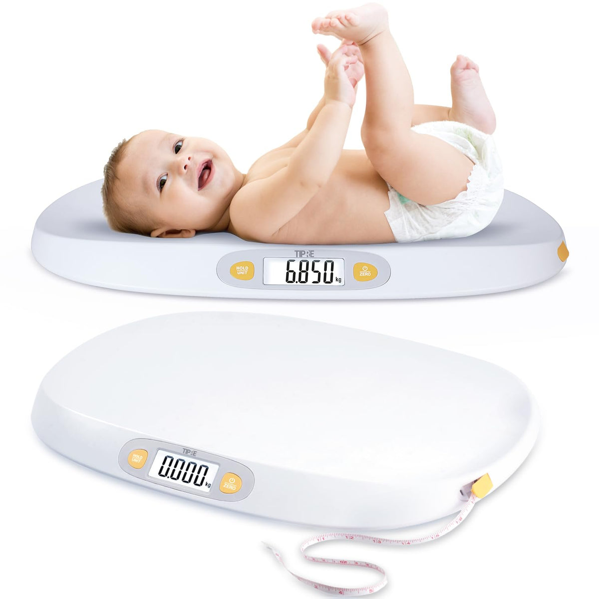 Tipre baby scale with a large platform in use for comfortable newborn weighing.